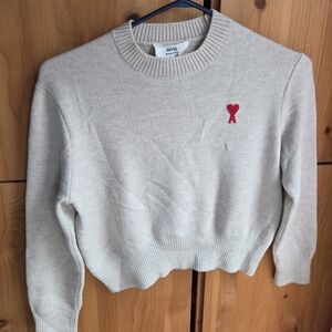 Ami Paris Women's Ecru Cropped Merino Wool Sweater Size XS